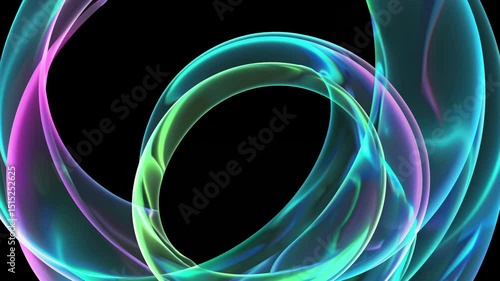 Translucent glowing ribbons in pink, green and blue forming fluid loops on black background

