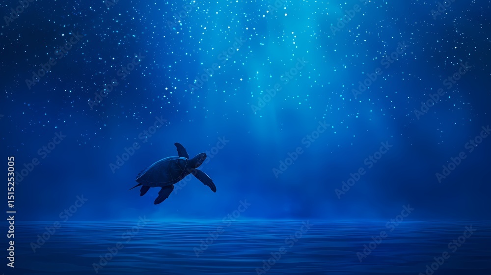 Fototapeta premium Solitary sea turtle gracefully swimming in a deep blue ocean, illuminated by a beam of light from above. Concept of marine life, ocean conservation, and underwater serenity.