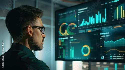 Man analyzing data on a large screen with charts and graphs in a modern office environment