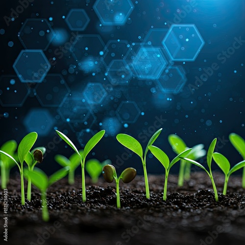 Seedlings emerge from dark soil against a background of glowing blue hexagons