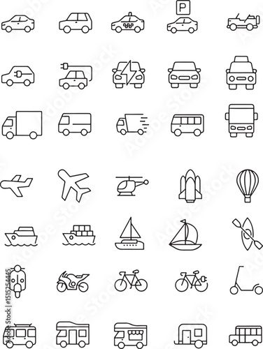 Pixel perfet icon set of various vehicle types. Thin line vector illustrations. Icons isolated on transparent background.