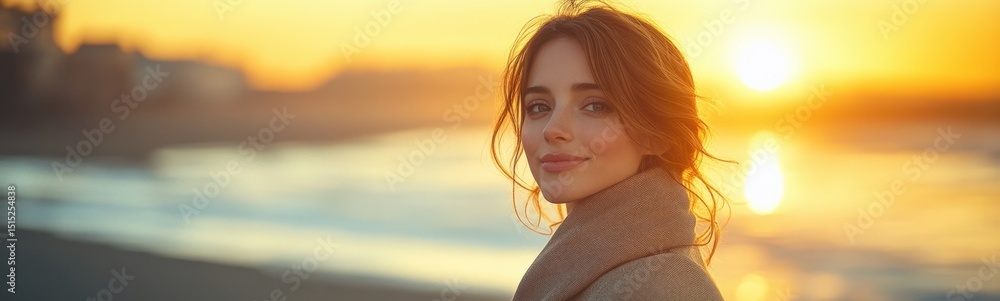 Woman standing on the beach at sunset elegant cashmere coat banner copy space Woman standing on the beach at sunset elegant cashmere coat banner copy space