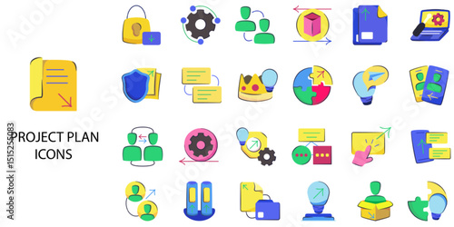 Project Plan simple concept 24 hand drawn color icons set .Vector illustration.