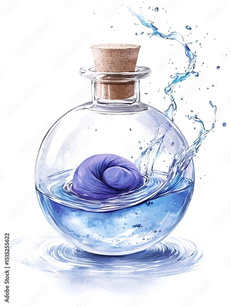 Purple Curled Shape Inside a Blue Liquid Filled Glass Bottle Purple Curled Shape Inside a Blue Liquid Filled Glass Bottle