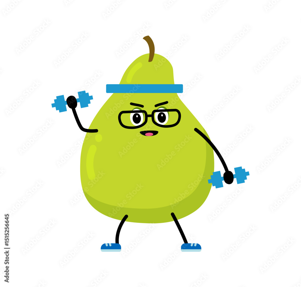 Obraz premium A cute, strong pear. The concept of classes in the gym with the image of pear, health, fitness. Vector illustration in flat style. 