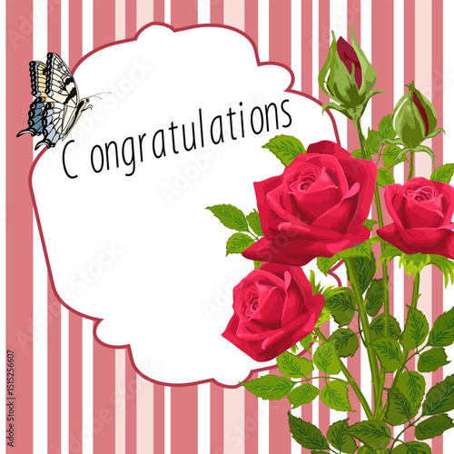 Striped background with postcard and roses.Vector illustration with greeting card and red roses on striped background.