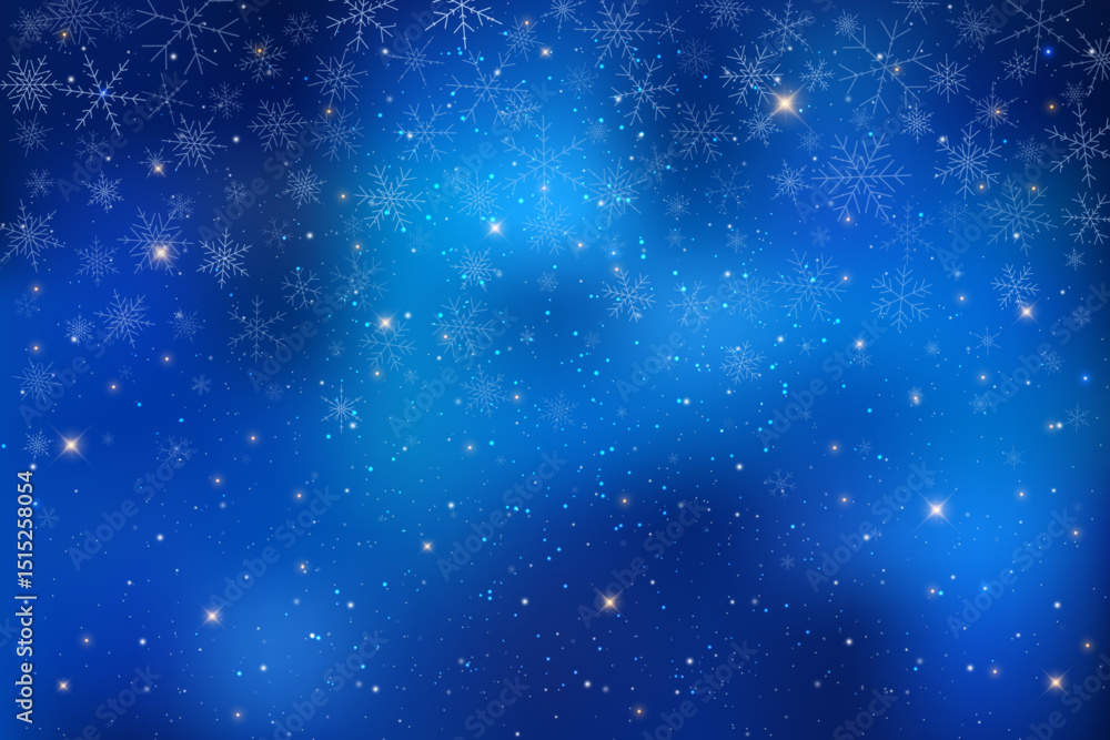 Winter night sky illustration with dark blue background. Stars shine snowflakes fall sparkling in space. The galaxy glows with light creating magical atmosphere filled with fantasy cosmic beauty Winter night sky illustration with dark blue background. Stars shine snowflakes fall sparkling in space. The galaxy glows with light creating magical atmosphere filled with fantasy cosmic beauty