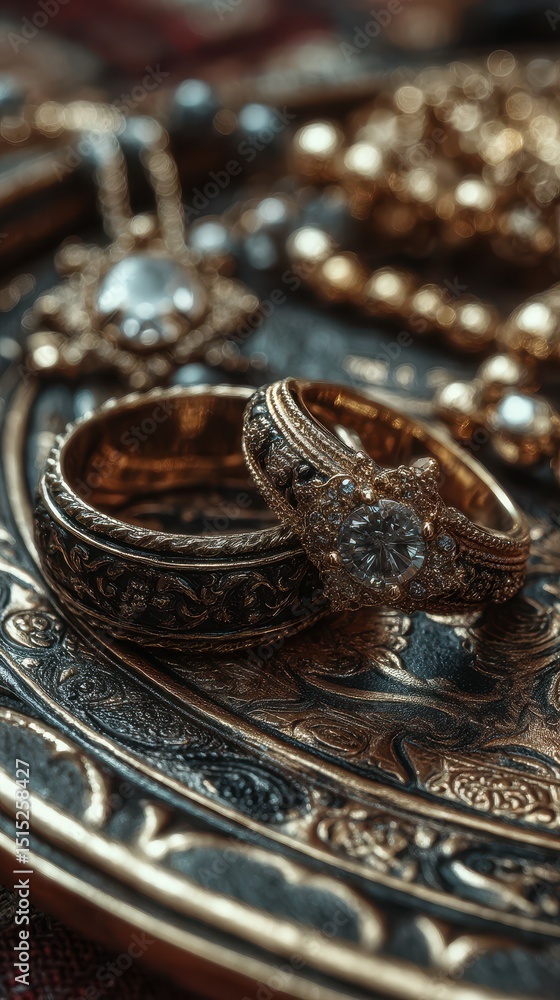 Obraz premium Intricate golden jewelry displayed on an ornate surface at an artisan market showcasing craftsmanship and beauty