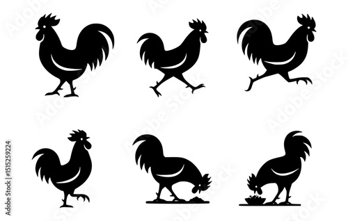Black rooster silhouette in different poses against a clean background, suitable for design elements