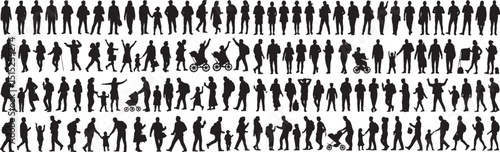 Black human silhouettes featuring people of various ages, genders, and businessmen, adults, children, and babies in different dynamic poses such as standing, walking, sitting, pointing, dancing,