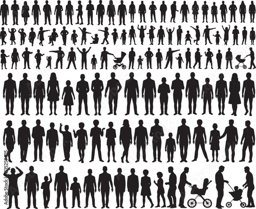 Black silhouette collage of various human figures in different poses and activities, including men, women, and children standing, walking, sitting, jumping, and interacting with each other
