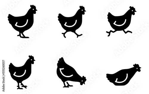 Illustrative silhouettes of a chicken engaged in various movements. The simple outlines capture the essence of poultry, including actions such as walking, running, and pecking