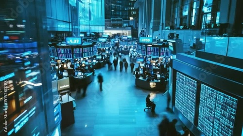 Busy Stock Exchange Trading Floor with Blurring People and Digital Display Boards