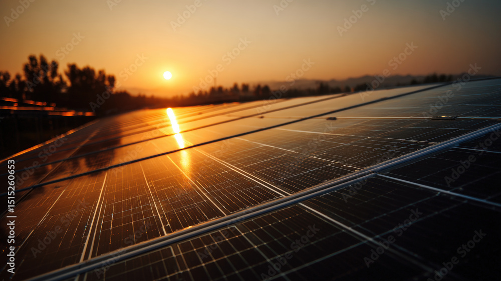 Obraz premium Extensive photovoltaic solar array field capturing brilliant sunset reflections in sustainable clean energy landscape