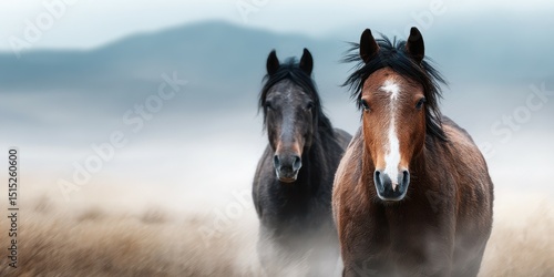 Two horses walking through misty field in a serene landscape during early morning light