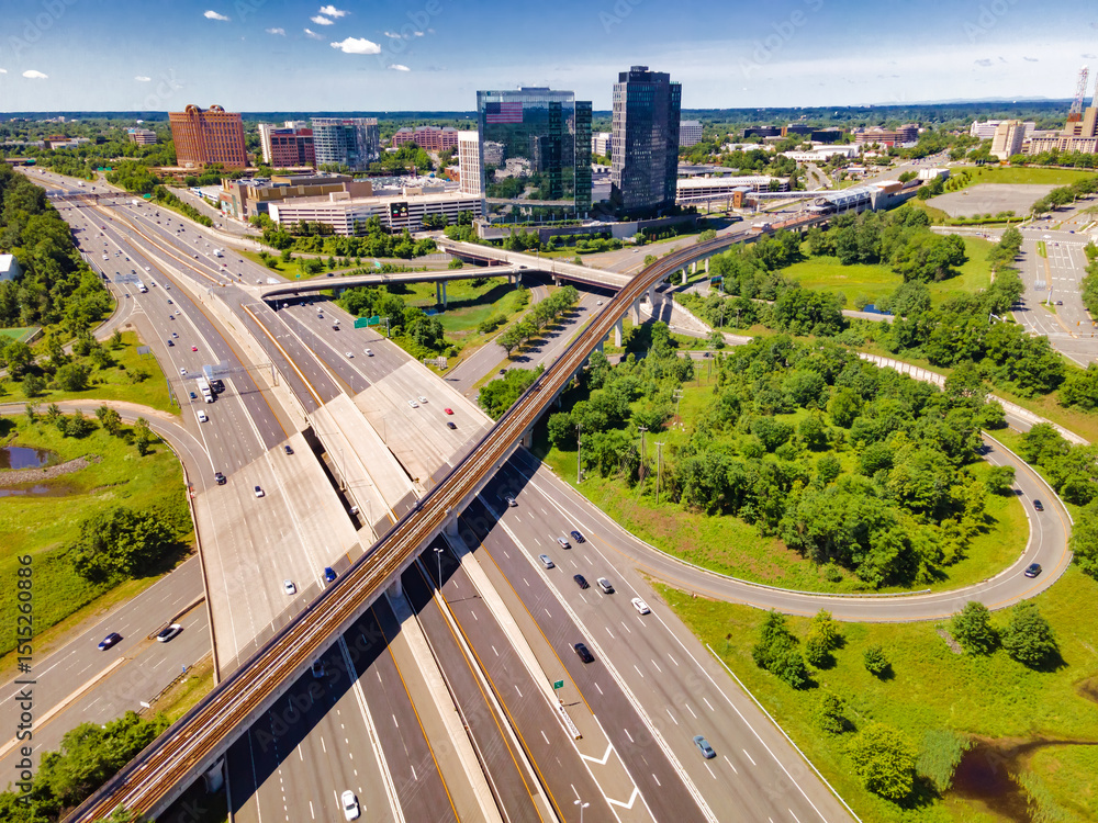 Φωτογραφία Aerial view of the subway station, highway, and skyscrapers in downtown Tyson's Corner, Virginia
