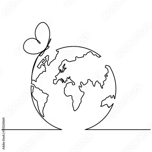 Flying butterfly with Earth globe continuous line drawing symbol. World map one line art. Vector illustration isolated on white background.
