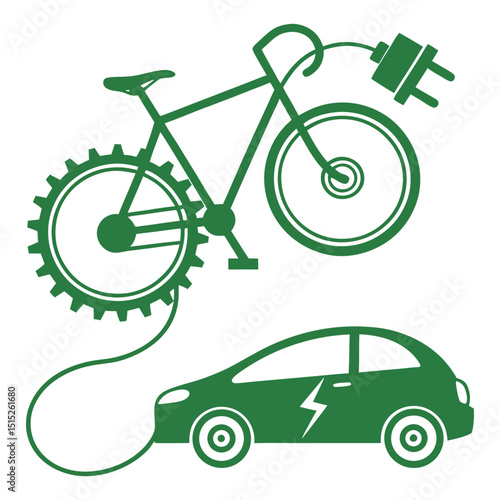 Vector icons symbolizing sustainable transportation. Features a green bicycle for eco-friendly commuting and an electric car, often with a plug, representing clean vehicle technology. Minimalist flat 