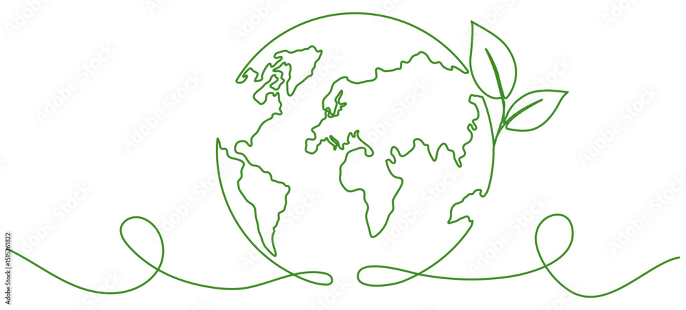 Fototapeta premium Earth globe with leaves continuous line drawing. World map with curve line. Vector illustration isolated on white.