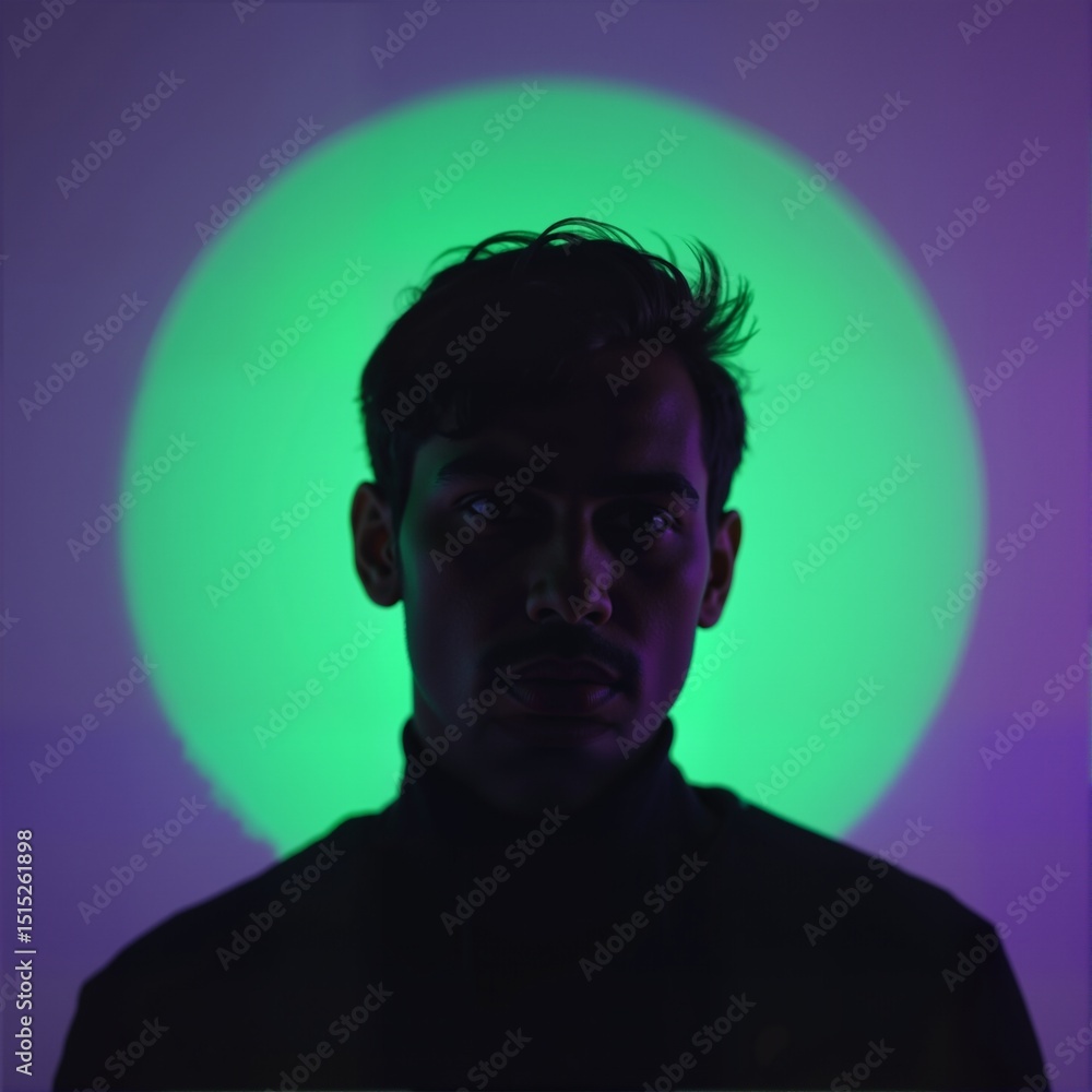 Man with neon purple-green halo lighting Man with neon purple-green halo lighting