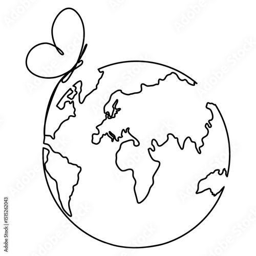 Flying butterfly with Earth globe continuous line drawing symbol. World map one line art. Vector illustration isolated on white background.