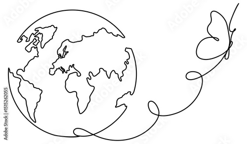 Flying butterfly with Earth globe continuous line drawing symbol. World map one line art. Vector illustration isolated on white background.