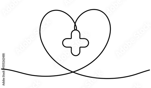Heart shape plus sign with continuous line drawing. Health care concept. Vector illustration isolated on white.