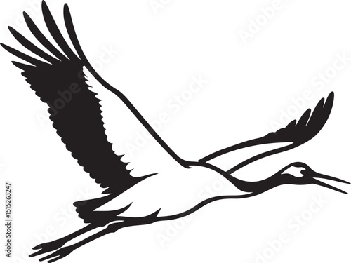 Crane in flight silhouette artistic style, Graceful flying bird black white illustration