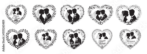 Elegant black and white wedding silhouettes in heart shaped frames with floral ornaments