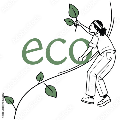 Vector logos and emblems designed for eco-branding. Typically features the word "eco" in green, often with an integrated leaf or nature element, or circular designs with an "e" and leaf. Clean, modern