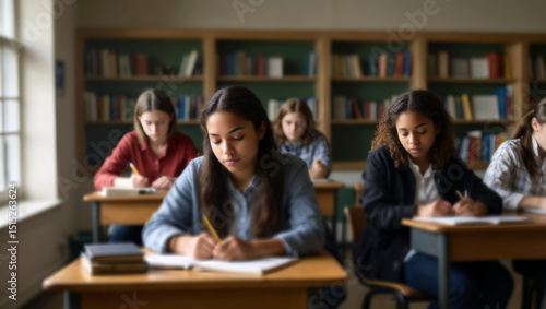 Group of students studying in classroom at school, back to school concept. Created using generative AI tools