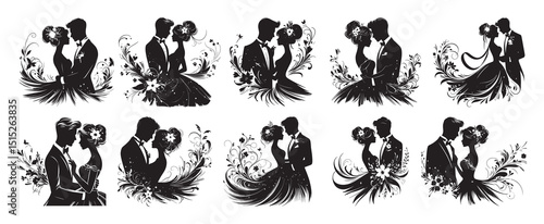 Elegant silhouette illustrations of bride and groom couples decorated with floral elements