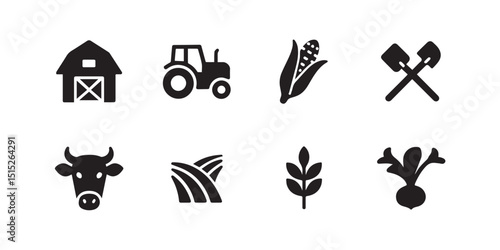 Farm and Agriculture Icons Set – Barn, Tractor, Corn, Tools, Cow, Field, Wheat, Radish – Black Silhouette Farming Symbols – Vector Agriculture Elements
