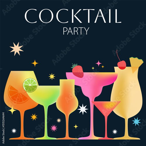 Cocktail party. Colorful cocktails on dark background. Vector illustration