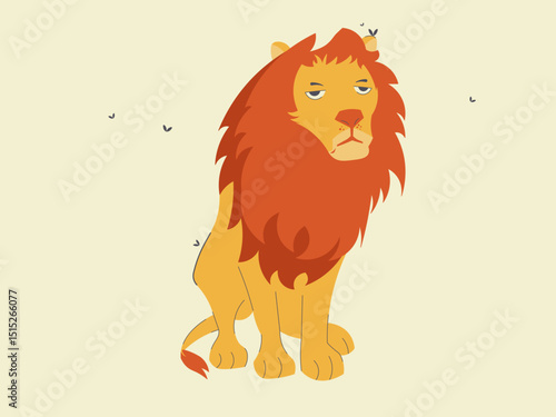 lion sitting with flies hoveering nature scene vector illustration