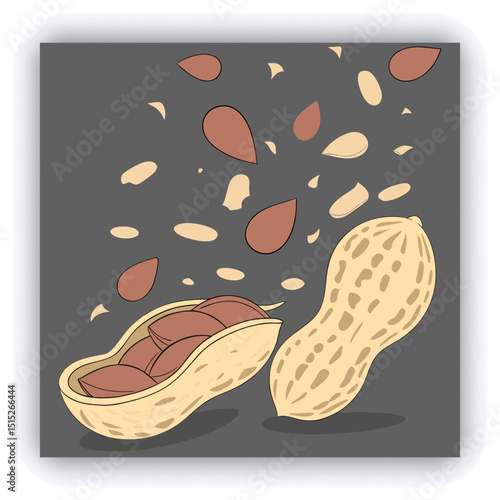 A split peanut pod, filled with scattered peanuts and peanut pieces, is shown in mid-air, with many pieces flying outward. The peanuts are a light brown color.  The pod is light beige, with a natural 