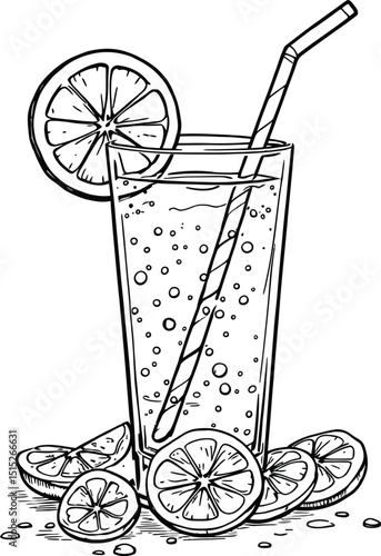 Refreshing Citrus Beverage & Cheerful Symbol Set Featuring a Glass of Fizzy Drink with a Straw, Garnished with a Lemon Slice on the Rim, Accompanied by Additional Lemon Slices Around the Base