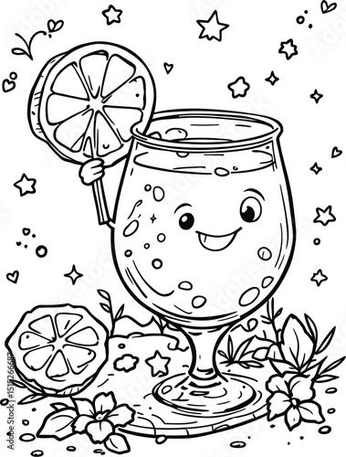 Cheerful Beverage & Playful Symbol Set Featuring a Smiling Fizzy Drink in a Glass, Garnished with a Citrus Slice, Surrounded by Delicate Flowers and Leaves, Against a Background of Stars and Sparkles,