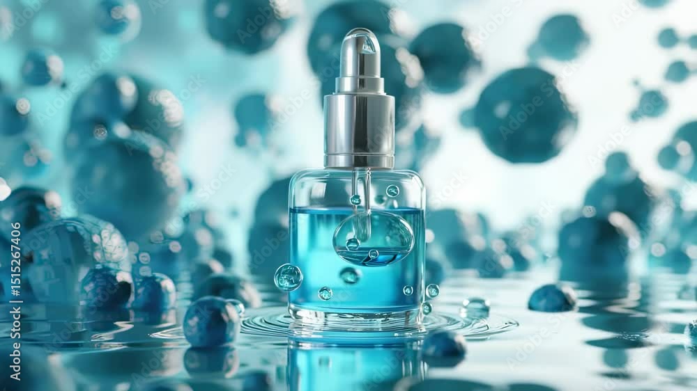 Cosmetic serum bottle with blue liquid and floating spheres, product shot Cosmetic serum bottle with blue liquid and floating spheres, product shot