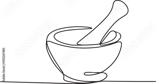 Medical mortar and pestle in continuous one line drawing, minimalist pharmacy equipment vector for healthcare and pharmaceutical concepts

