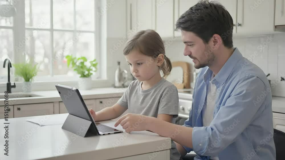 Father helping daughter using tablet computer at home Father helping daughter using tablet computer at home