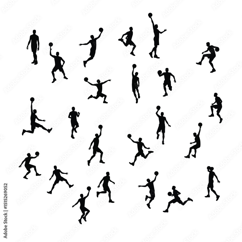Basketball player silhouettes action poses set Basketball player silhouettes action poses set