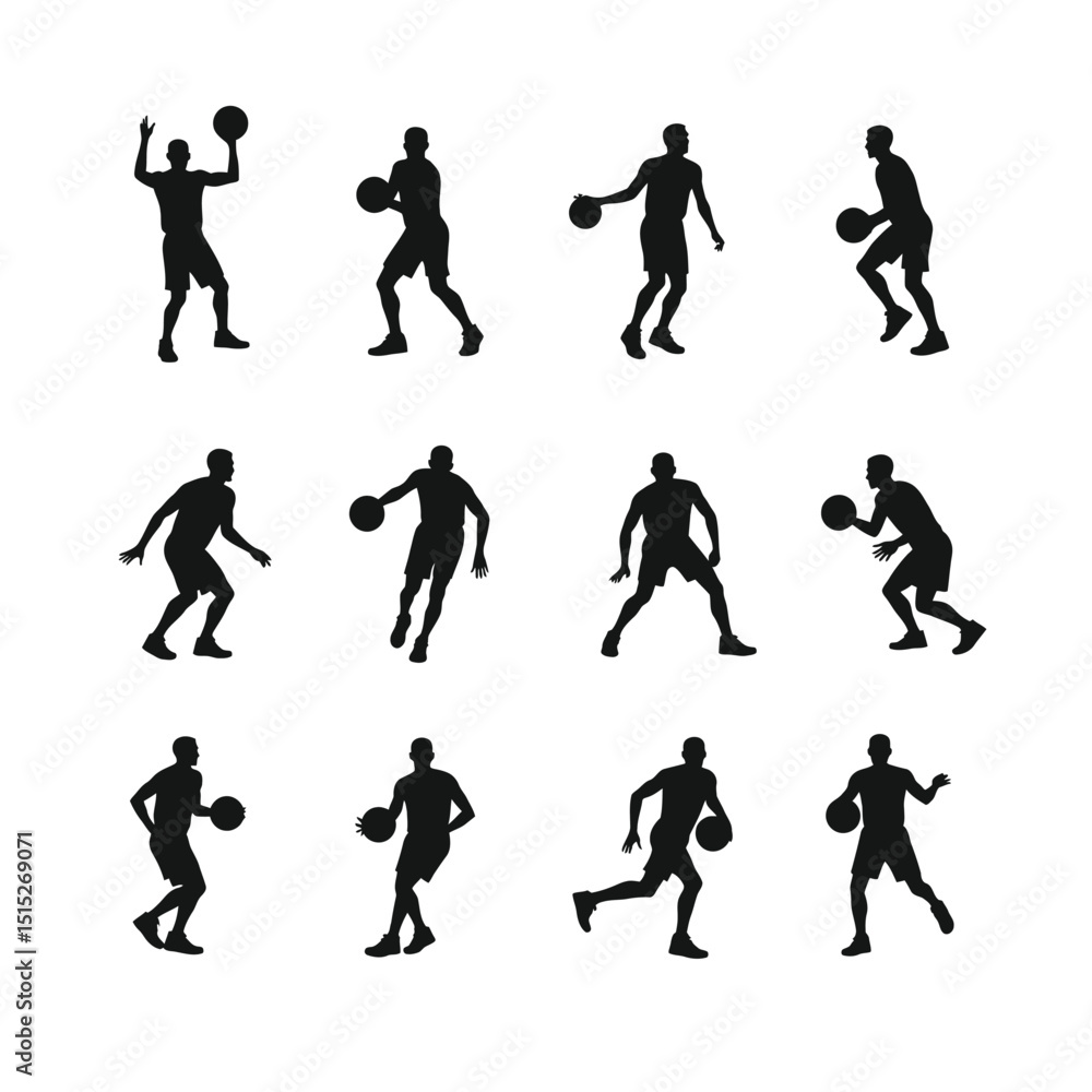 Basketball player silhouettes action poses set Basketball player silhouettes action poses set