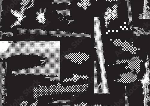Glitch distorted geometric shape . Noise destroyed logo . Trendy defect error shapes . Glitched frame .Grunge textured . Distressed effect .Vector shapes with a halftone dots screen print texture.
