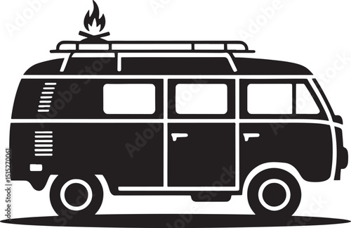Silhouette Illustration of a Camper Van with Roof Rack and Campfire on Top Against a Background
