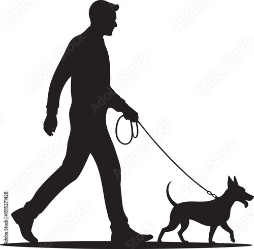 Silhouette Illustration of a Man Walking a Dog on a Leash Against a Background, Promoting Outdoor Activities and Pet Ownership