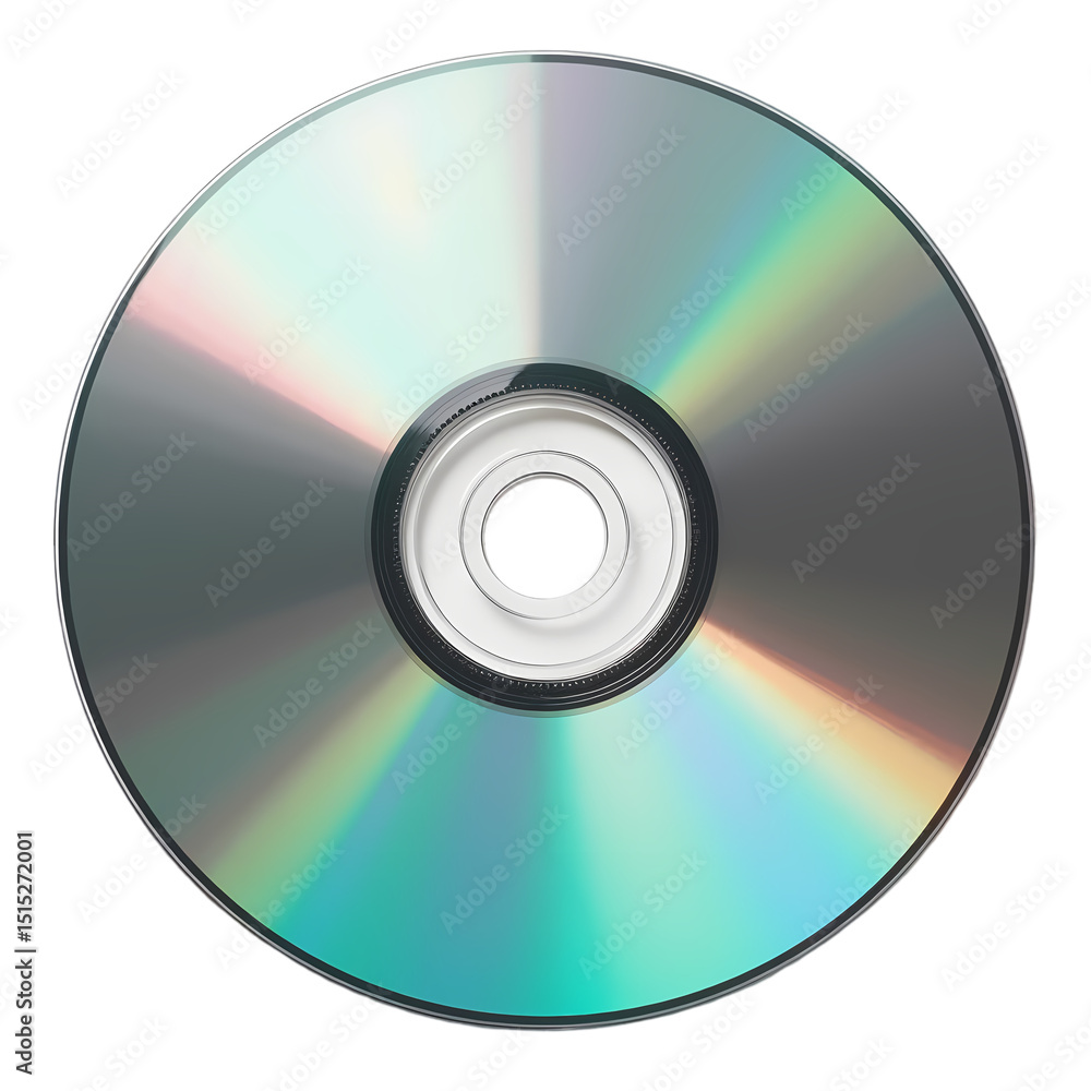 A close up shot of a compact disc showing its iridescent surface and central hole isolated on transparent background A close up shot of a compact disc showing its iridescent surface and central hole isolated on transparent background