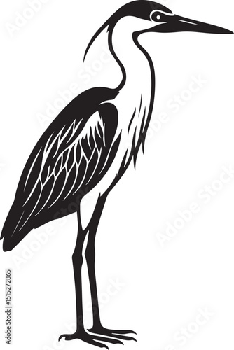 Heron silhouette elegant pose black white, Wading bird illustration minimal style