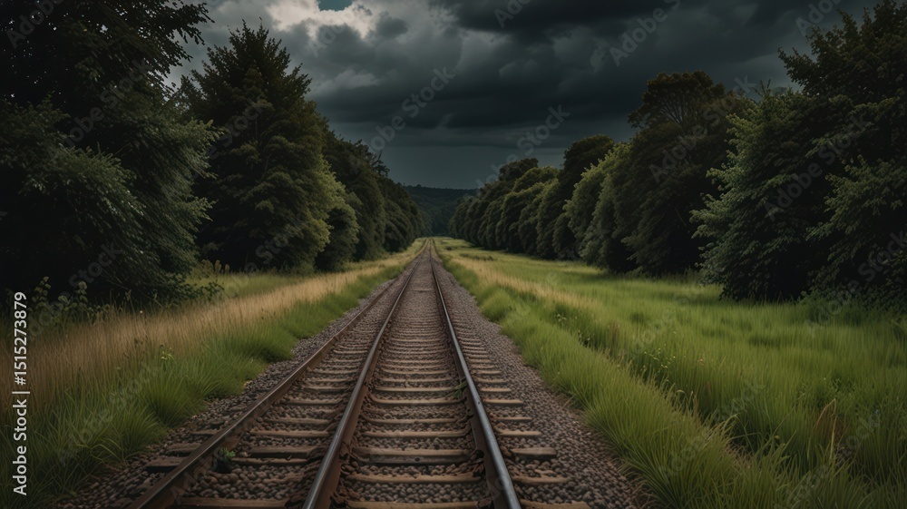 Fototapeta premium Railroad tracks through a lush green landscape under a stormy sky