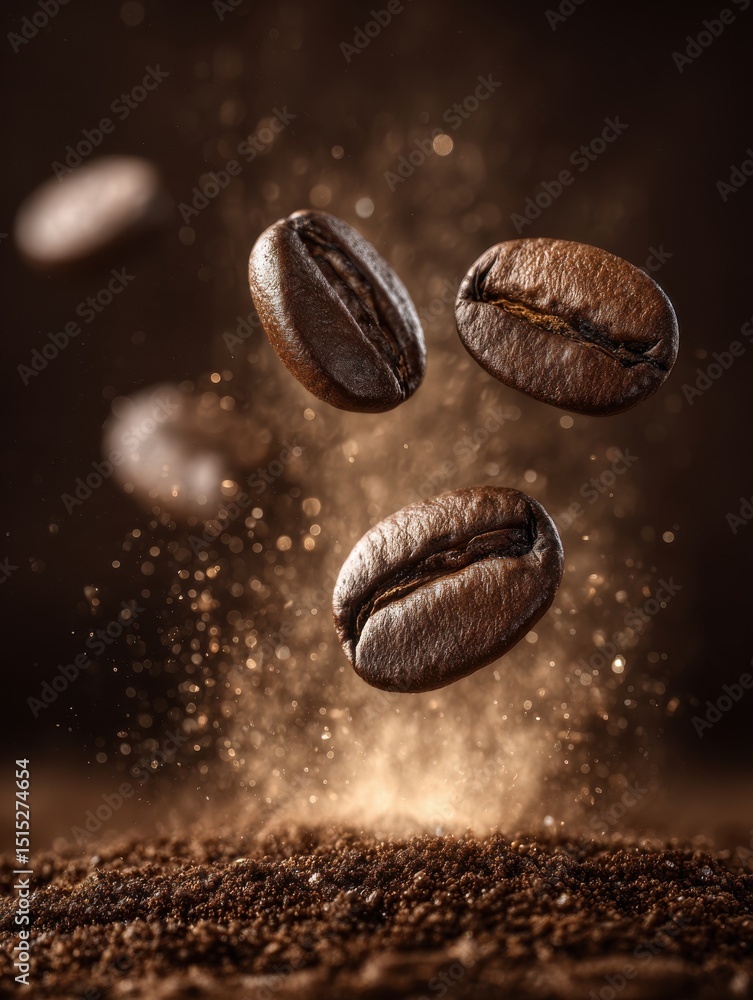 Floating coffee beans depict a rich coffee culture as they hover above ground coffee. The warm tones and textures create an inviting and aromatic atmosphere, appealing to coffee enthusiasts Floating coffee beans depict a rich coffee culture as they hover above ground coffee. The warm tones and textures create an inviting and aromatic atmosphere, appealing to coffee enthusiasts
